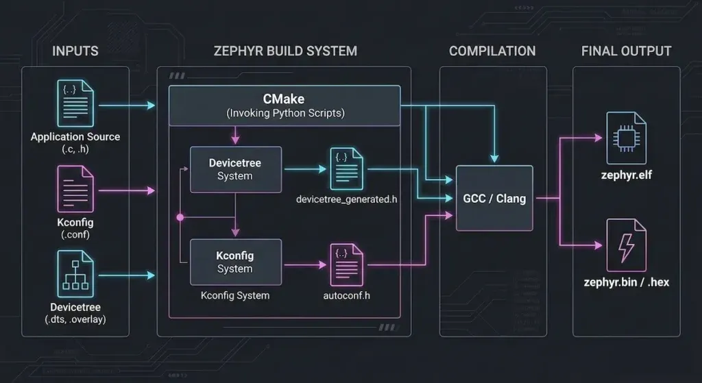 Technical diagram of the Zephyr RTOS build pipeline illustrating how CMake processes Kconfig and Devicetree inputs to generate headers like autoconf.h and devicetree_generated.h before GCC compilation into zephyr.elf.